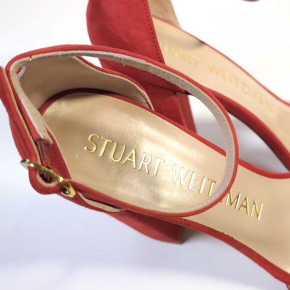 Stuart Weitzman Sandals 6.5 Red Suede  'Amelina' Block 100 Chain Sandal - Picture 6 of 11